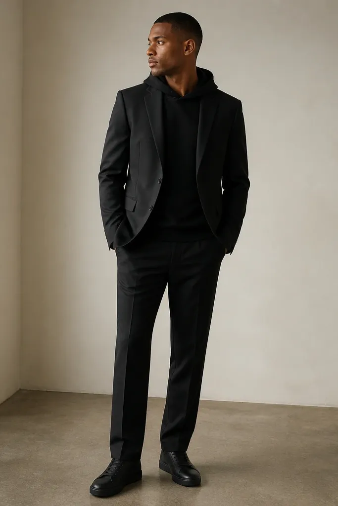 A person wearing a black suit jacket over a black hoodie. The hoodie hood is down under the jacket collar. The suit jacket looks structured with lapels. The pants are black and straight; shoes are black leather sneakers.