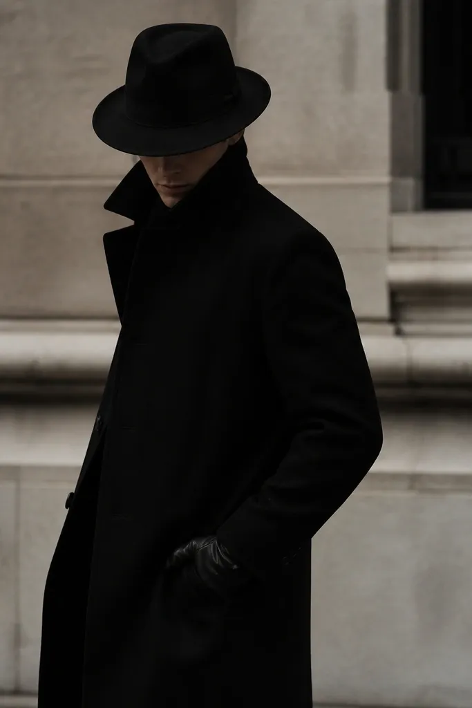 A person wearing a black fedora hat and a long black coat with a high collar. The outfit is monochrome. They wear black trousers and black leather gloves. The lighting makes the hat brim cast a shadow on the face.