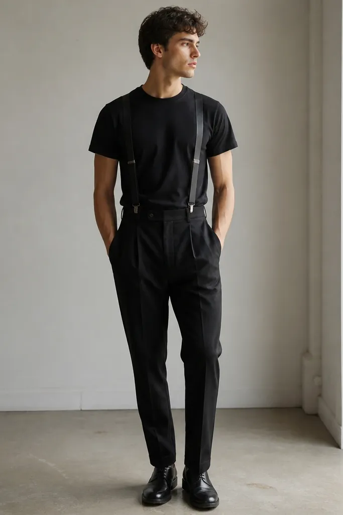 A person wearing a black crew-neck t-shirt with black suspenders crossing the chest. The suspenders are visible and sit straight. They wear black trousers with no belt. Shoes are black loafers or boots.