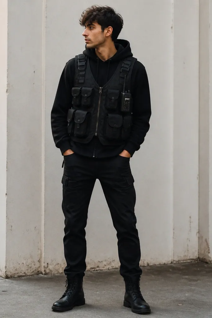 A person wearing a black hoodie under a black tactical-style vest with multiple small pockets. The vest has a matte fabric and adjustable straps. They wear black jeans and black boots. A small black radio-shaped prop sits in one pocket area.