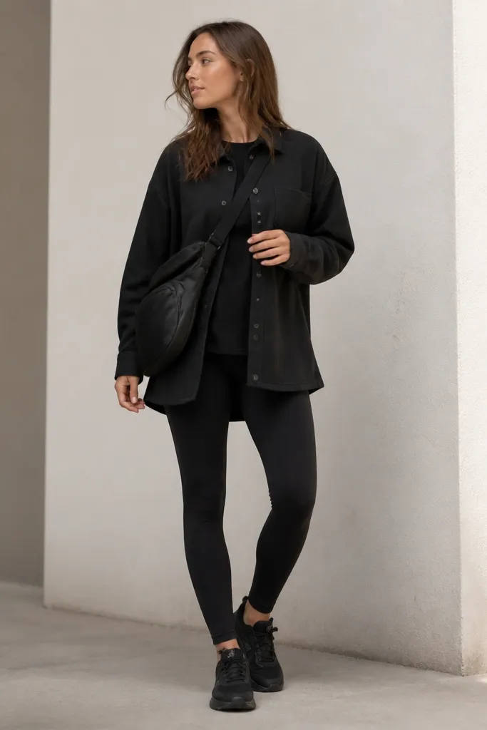 A person wearing black leggings with an oversized black button-front overshirt. The overshirt has a slightly thicker cotton feel and sits open. They wear black sneakers and a dark crossbody bag. The overall look is clean and modern.