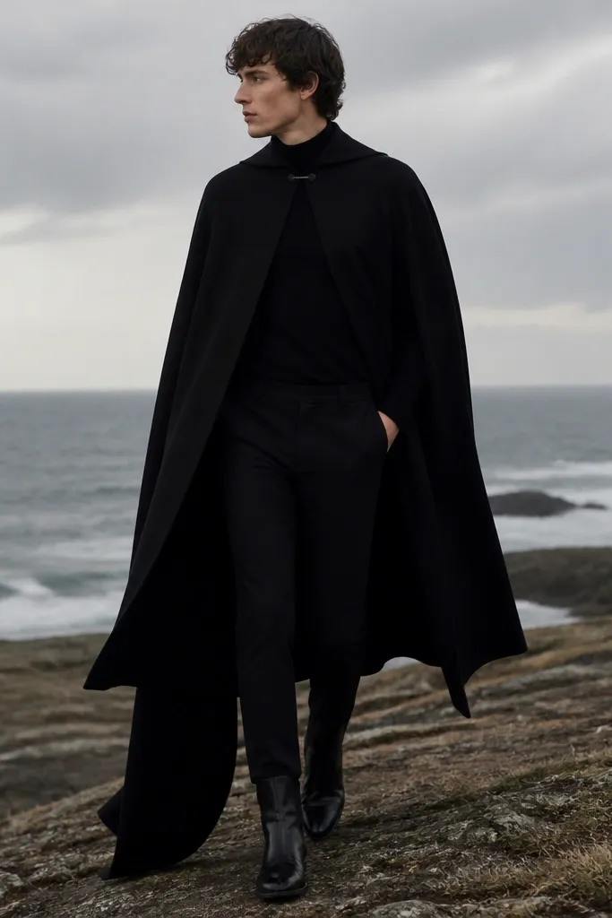 A person wearing a black cape-style coat over black clothing. The cape drapes from the shoulders and falls behind. They wear black trousers and black boots. The coat has a simple closure at the neck, and the silhouette is dramatic.