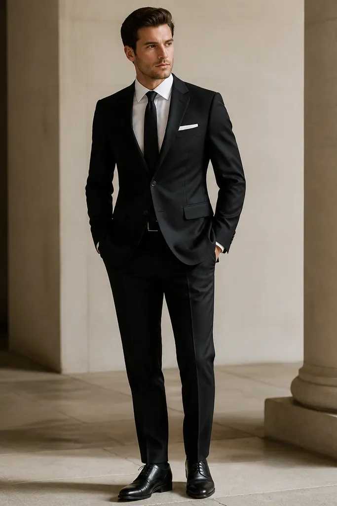 A black matte wool two-piece suit with a crisp white dress shirt, white pocket square folded flat, narrow black tie, and polished black leather Oxfords. The jacket has a clean two-button front and structured shoulders.
