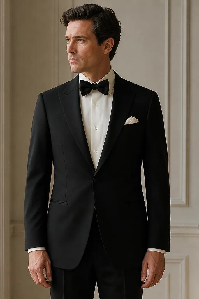 A black dinner jacket with satin-free lapels, off-white dress shirt, black bow tie, and a folded off-white pocket square. The scene shows a formal stance with hands at sides.