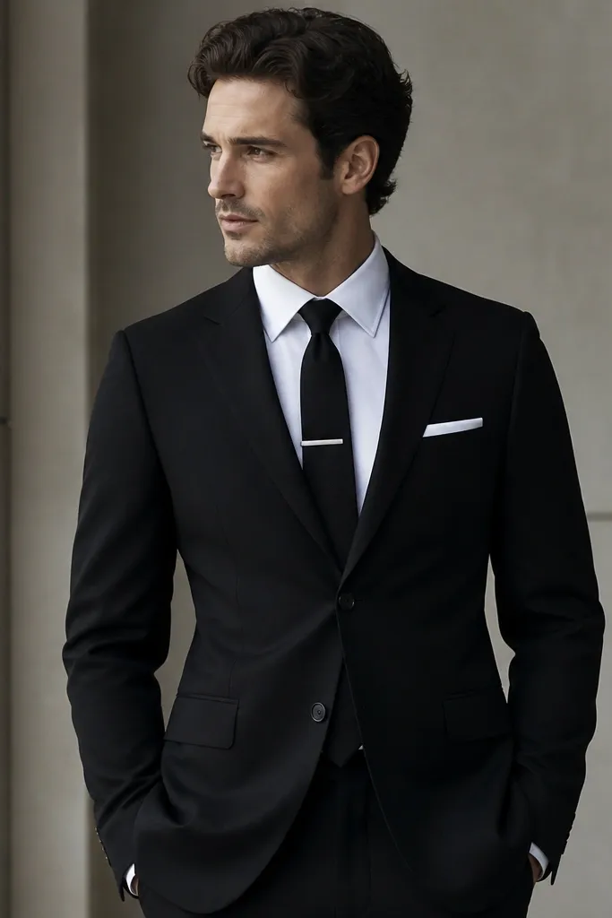 A black suit with a notch lapel, white pocket square, slim silver tie bar centered on a narrow black tie, and a white dress shirt. The jacket front is fully buttoned.