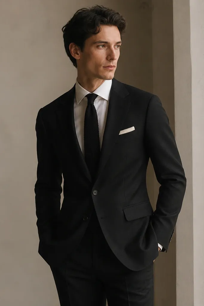 A slim-fit black suit with a cream dress shirt, textured black knit tie, and a small cream pocket square. The fabric looks matte and slightly textured.