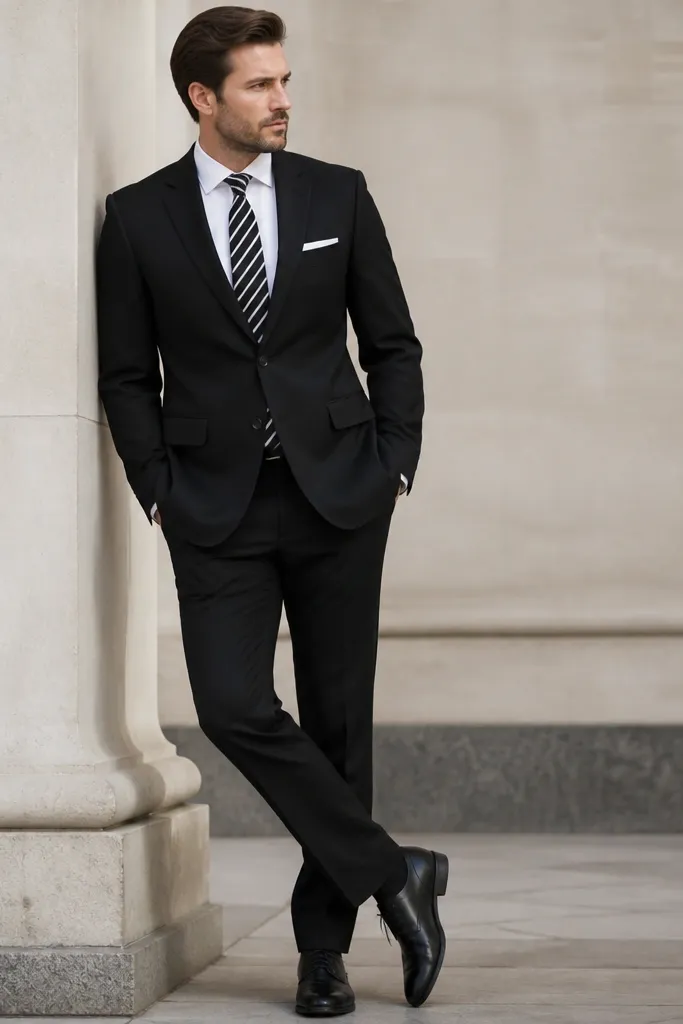 A black suit with a white dress shirt and a black-and-white striped tie. The pocket square is white, folded neatly, and the shoes are black leather with a low shine.