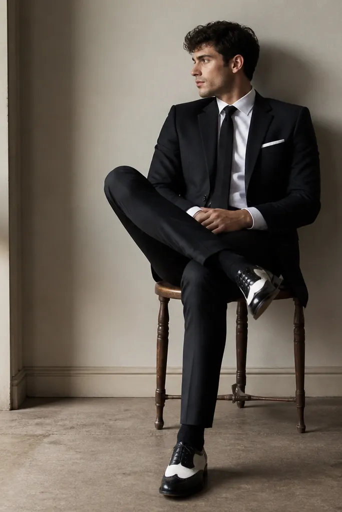 A black suit with a white shirt and black tie, paired with black-and-white wingtip derby shoes. A white pocket square peeks from the breast pocket.
