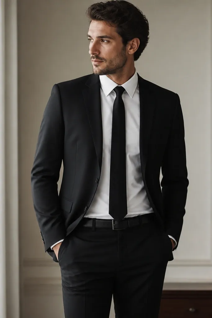 A black suit with a white shirt, black tie, and a tidy jacket front. The trousers sit smooth through the hip and thigh, with a clean belt line.