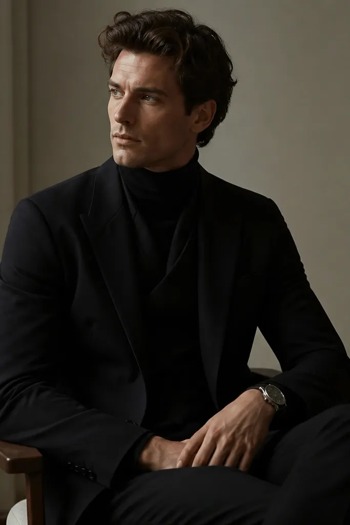 A black suit jacket worn over a black turtleneck, with a minimal black tie tucked away. The lapels sit open slightly and a watch is visible.
