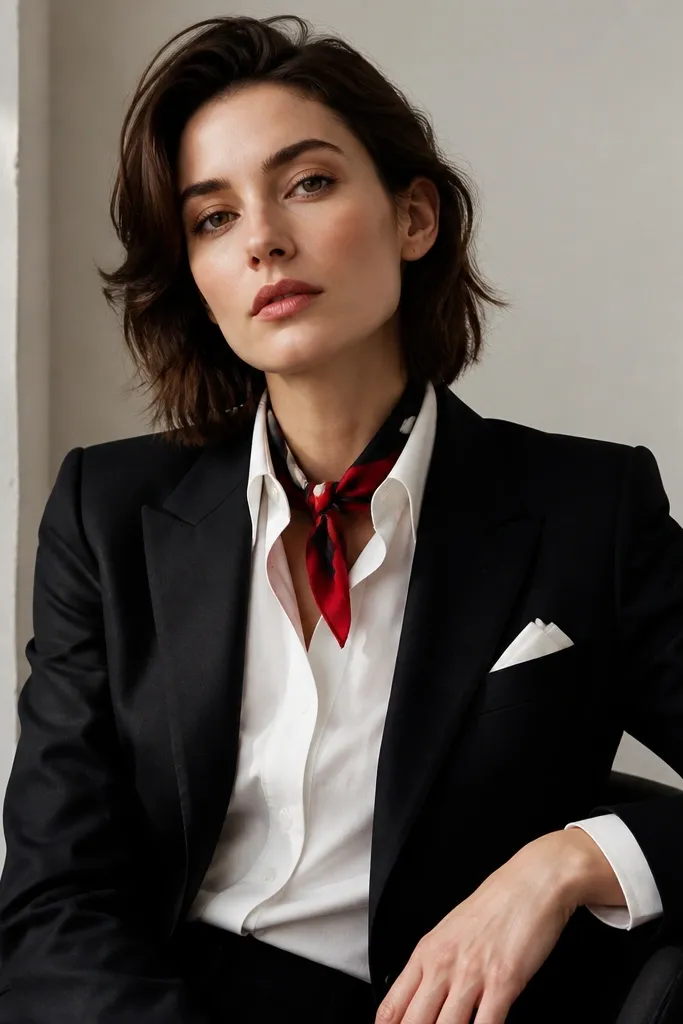 A black suit with a white shirt and a small red-and-black silk scarf tied at the neck under the collar. A white pocket square is also present.