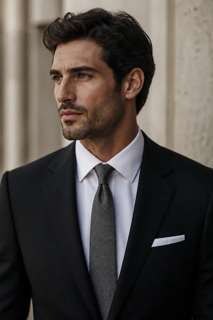 A black suit with a white shirt, a gunmetal grey tie, and a matte white pocket square. The tie looks slightly textured, not glossy.