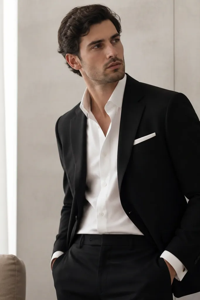 A black suit jacket worn open over a white shirt with visible cuffs, no tie, and a white pocket square. The sleeves show a small cuff detail.
