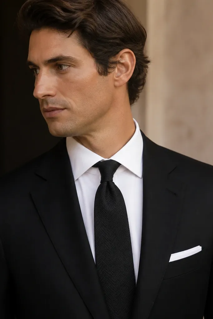 A black suit with a white shirt, a black herringbone textured tie, and a straight-fold white pocket square. The jacket lapels are clean and structured.