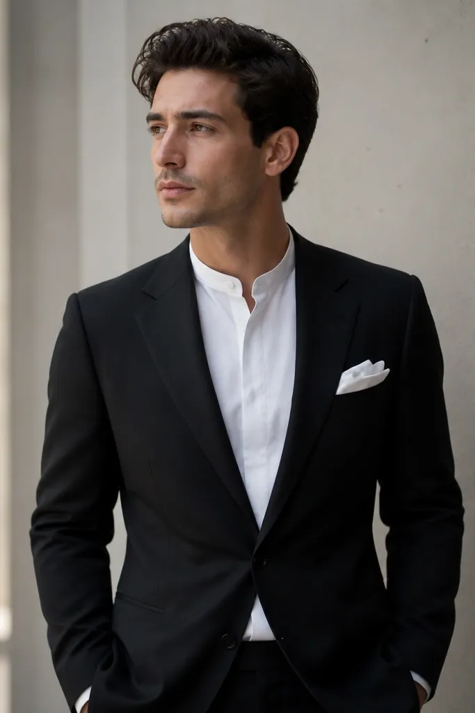 A black suit jacket with a white band collar shirt, no tie, and a white pocket square. The neckline looks clean and minimal.
