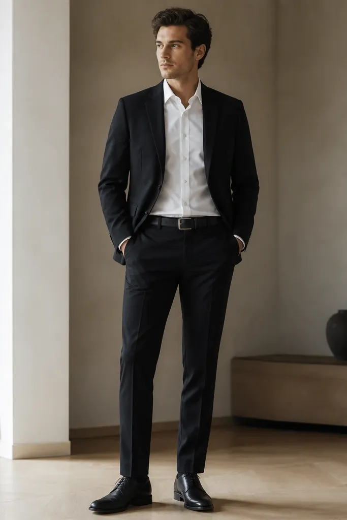 A black suit with a white shirt that has clean shoulder structure, a minimal black belt with a small buckle, and plain black dress shoes. The outfit looks balanced and uncluttered.