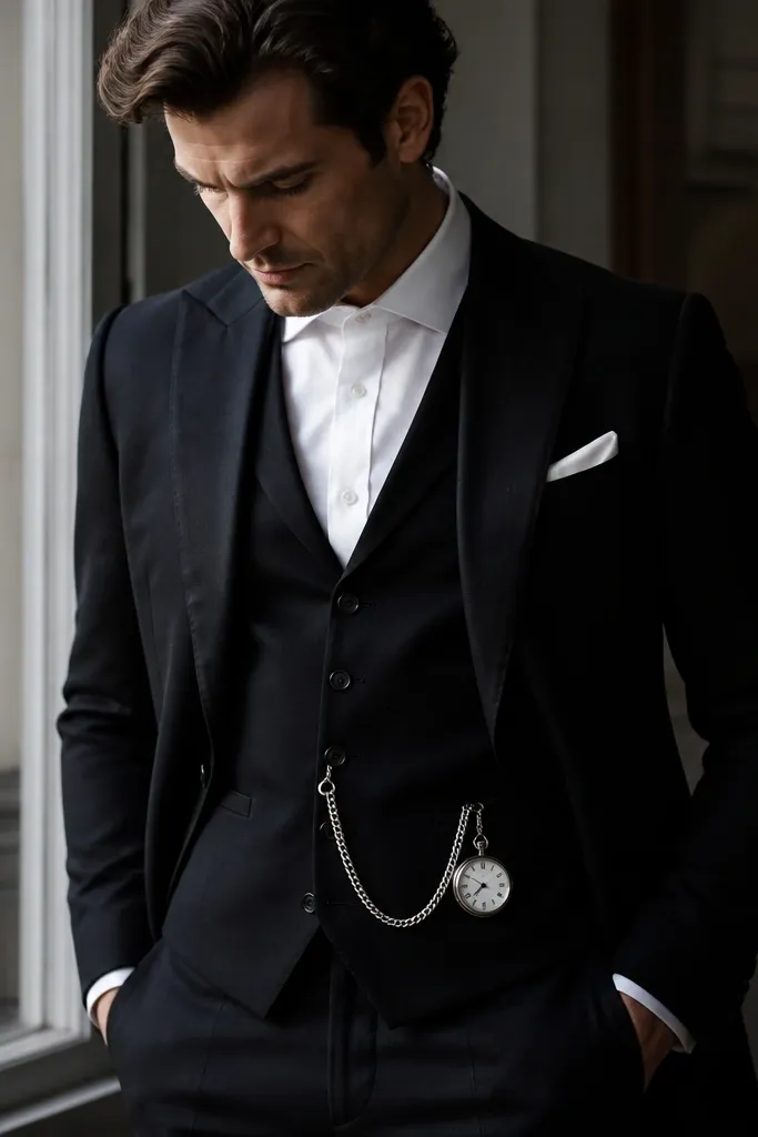 A black suit with a white shirt and a silver watch chain attached neatly, plus a white pocket square. The watch face is visible and clean.