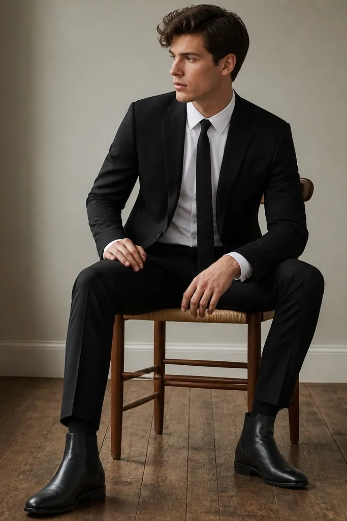 A black suit paired with matte black Chelsea boots, a white dress shirt, and a black tie. The boots have elastic sides and a clean toe.