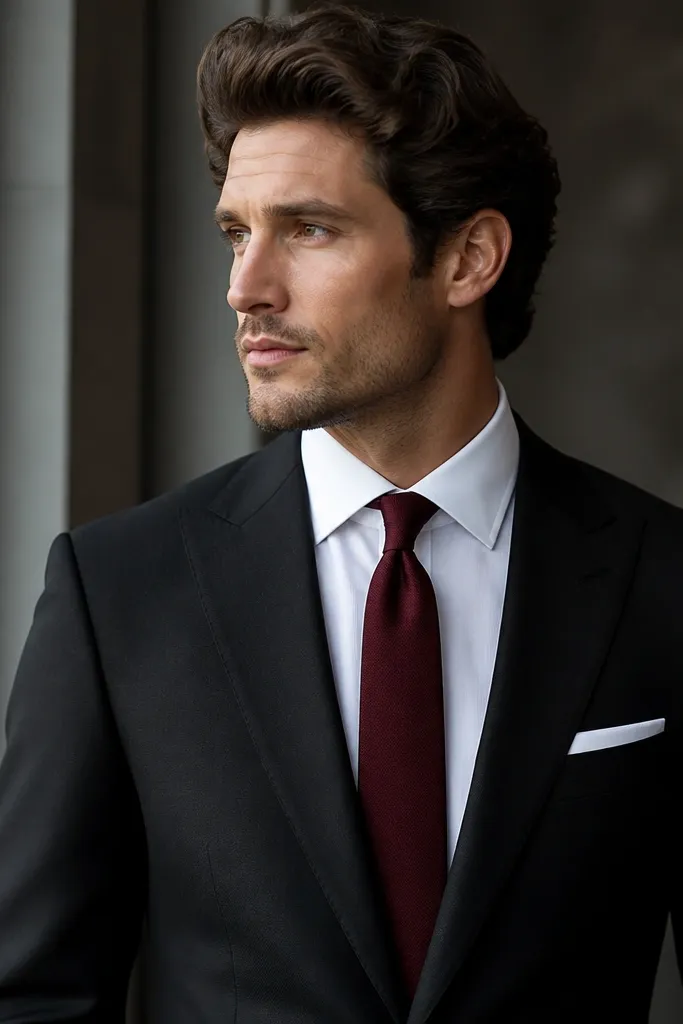 A black suit with a white shirt and a deep red tie, plus a white pocket square. The tie is centered and the jacket lapels are clean.