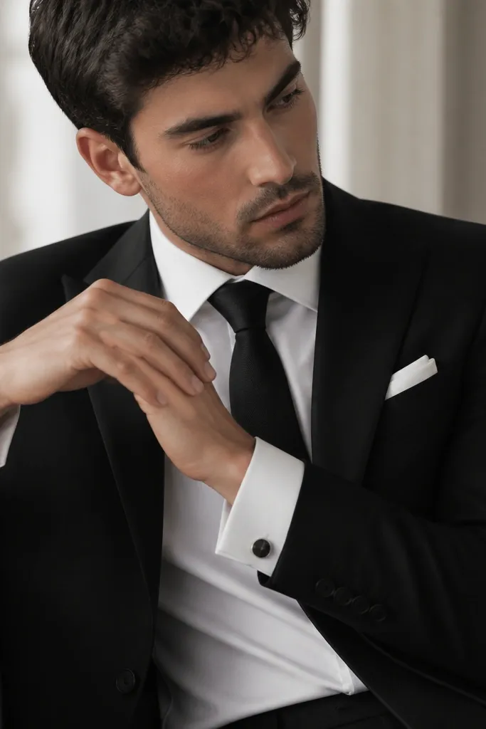A black suit with a white shirt showing cufflinks, a black tie, and a white pocket square. The cufflinks are gunmetal grey.