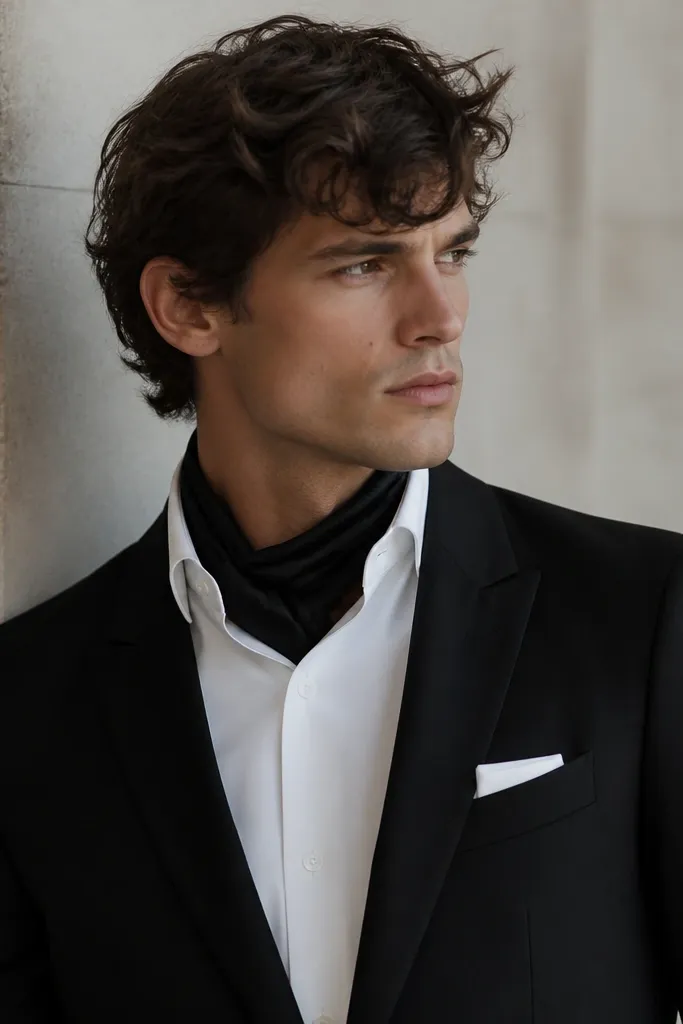 A black suit with a white shirt and a slim black scarf wrapped at the neck, tucked neatly. A white pocket square is visible.