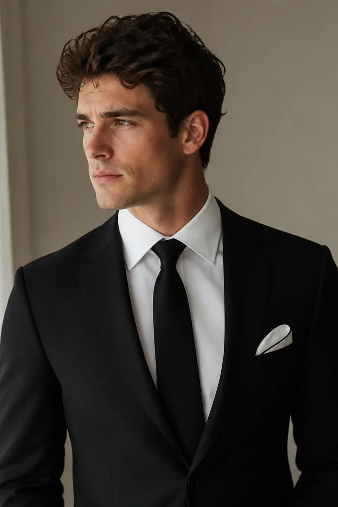 A black suit with a white shirt and a pocket square that has a subtle black border or edge. A black tie is worn with a clean knot.