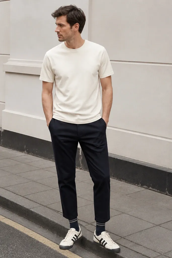 A man wearing cream short-sleeve crewneck t-shirt, navy straight-leg chinos, navy crew socks with a visible stripe band, and black Mexico 66 sneakers. The sneakers show the signature stripes in black and white with a cream base. Background is a simple street setting with soft daylight.