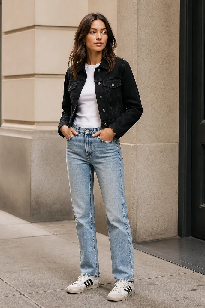 A woman wearing a black denim jacket with a slightly cropped length, a fitted white t-shirt, light-wash straight jeans, and Mexico 66 sneakers with white leather and dark stripes. The camera shows the full upper body and lower legs on a sidewalk.