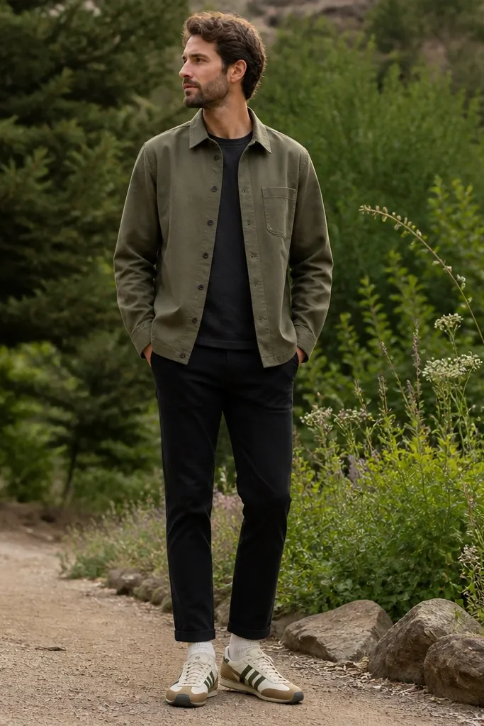 A man in an olive green overshirt layered over a dark shirt, black slim chinos, off-white crew socks, and Mexico 66 sneakers with olive and cream tones. The stripes are olive, and the base is cream. The outfit is photographed outdoors near greenery.