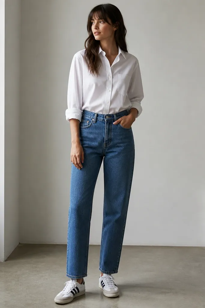 A person wearing a crisp white button-down shirt with sleeves rolled to the forearms, either a denim skirt or straight jeans, and Mexico 66 sneakers with white leather and dark stripes. The image shows a tucked shirt and the shoes aligned under the hem.