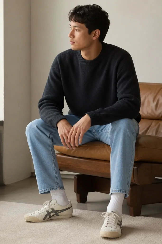 A man wearing a charcoal crewneck sweater, light-blue straight jeans, white crew socks, and Mexico 66 sneakers with cream base and gray/dark stripes. The sneakers show white laces and the leather grain is visible.