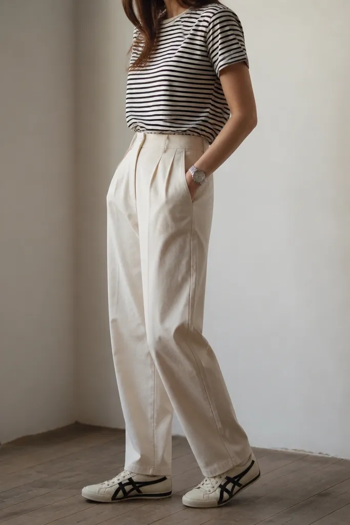 A woman in a black-and-white striped tee tucked into ecru chinos, wearing a simple metal watch and Mexico 66 sneakers with black stripes and cream base. The photo focuses on the waist tuck and shoe alignment.
