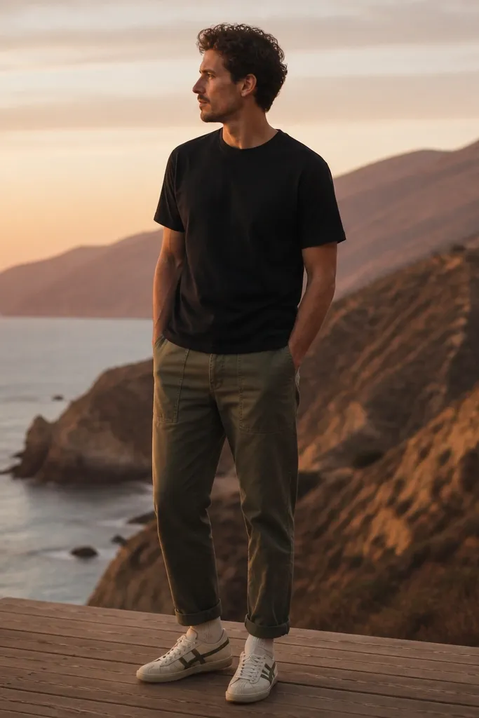 A man wearing a black crew tee, olive fatigue pants with a tapered leg, cream crew socks, and Mexico 66 sneakers with olive and cream color accents. The scene is outdoors at dusk with warm light.