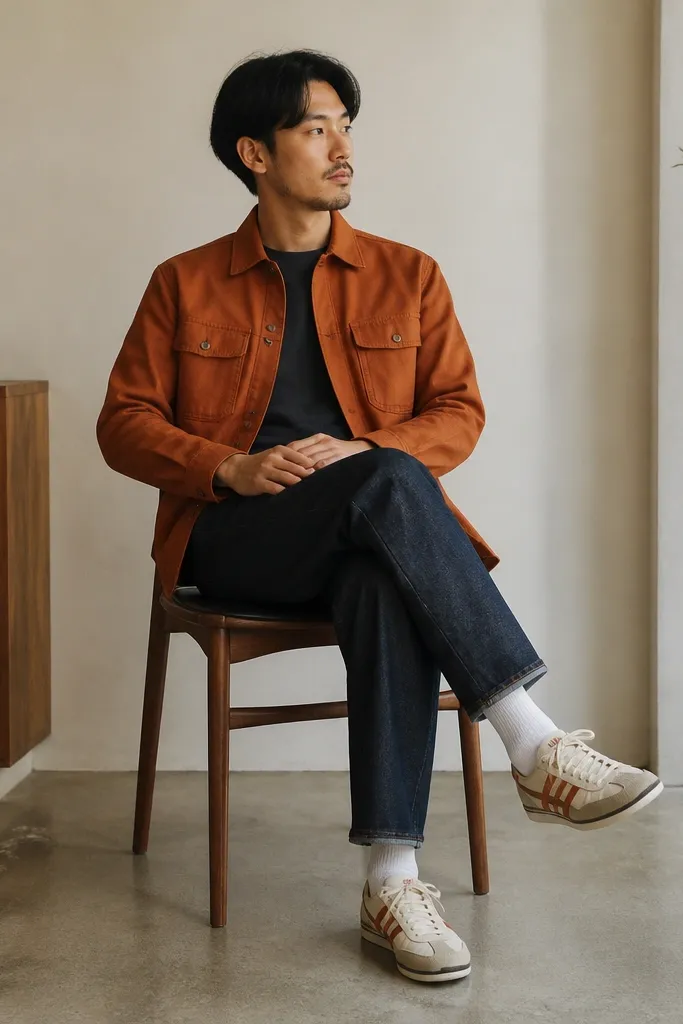 A person wearing a rust orange overshirt over a dark t-shirt, dark-wash straight jeans, white crew socks, and Mexico 66 sneakers with rust and cream tones. The jacket has two chest pockets and metal buttons.