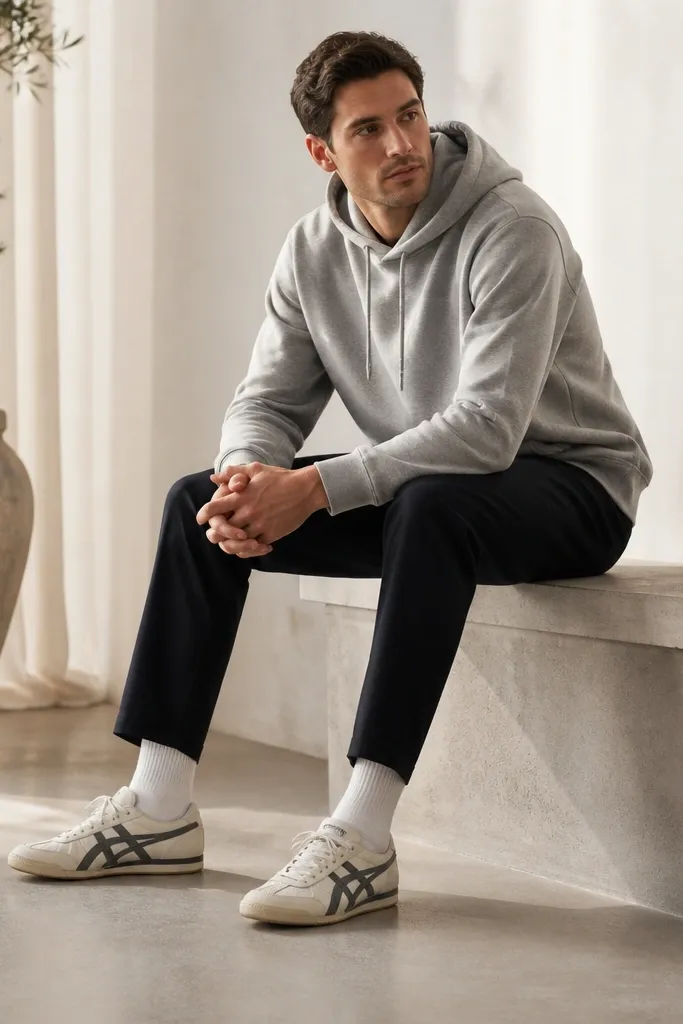 A man wearing a light gray hoodie, black tapered pants, and Mexico 66 sneakers with gray/dark stripes and cream base. The hood is down, and the drawstring is visible. White socks peek above the shoe.