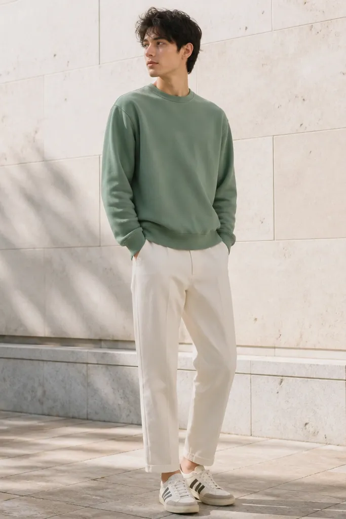 A person wearing a sage green sweatshirt, off-white straight trousers, and Mexico 66 sneakers with sage/cream tones. Socks are off-white and low enough to show the ankle. The outfit is photographed in bright daylight.