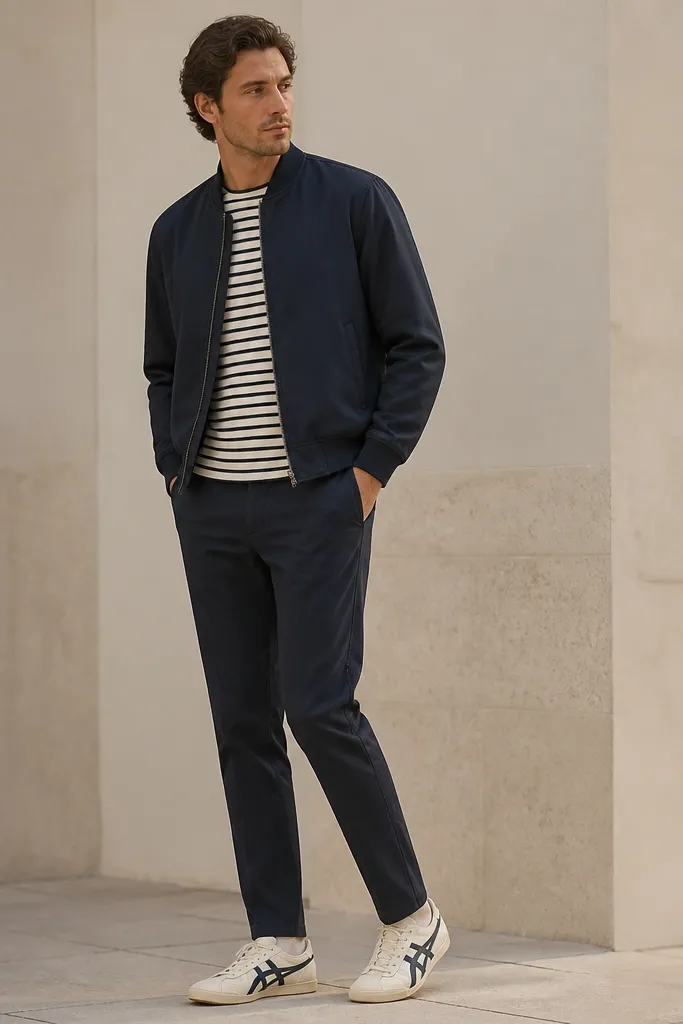 A man wearing a navy bomber jacket over a white-and-navy striped tee, dark chinos, and Mexico 66 sneakers with navy stripes and cream base. The bomber has a ribbed collar and cuffs. The shot shows the jacket hem and shoe line.