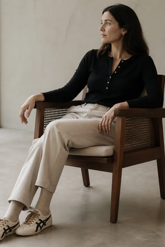 A woman wearing a black long-sleeve henley with a few buttons, stone-colored chinos, and Mexico 66 sneakers with cream base and darker stripes. The laces look brown-tan, and socks are stone or light tan.
