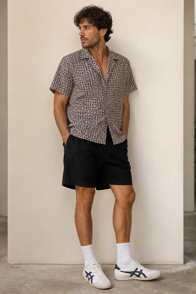 A man wearing a short-sleeve patterned shirt with small geometric prints in navy and cream, solid black shorts, white crew socks, and Mexico 66 sneakers with navy stripes and cream base. The outfit shows the shirt opening and shoe profile.