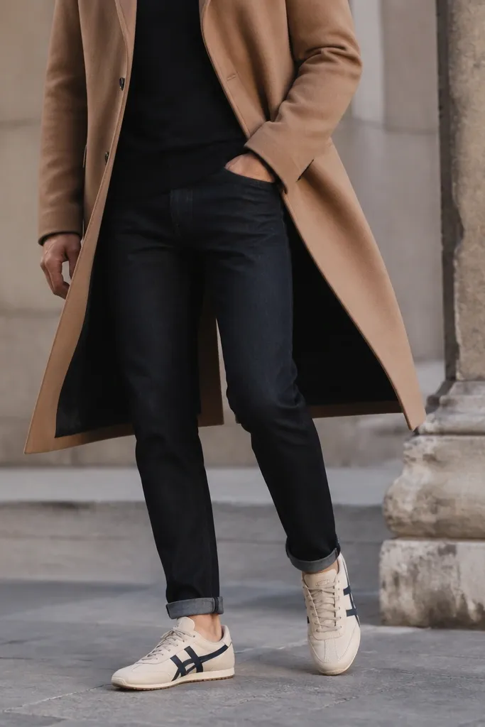 A person wearing a camel overcoat, black turtleneck, slim dark jeans, and Mexico 66 sneakers with cream base and dark stripes. The photo focuses on the coat opening and the shoe line under the hem.