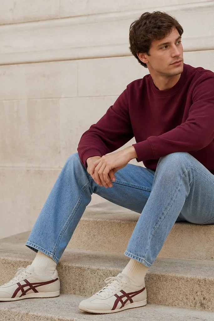 A man wearing a burgundy crewneck sweatshirt, light-blue denim, and Mexico 66 sneakers with cream base and burgundy accents. The socks are cream. The photo shows the color match between the shoe accents and the sweatshirt.