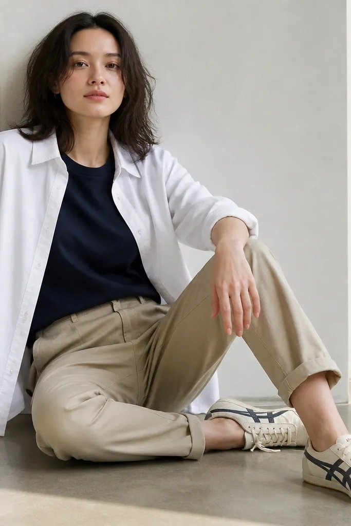 A woman wearing a white overshirt over a navy t-shirt, khaki chinos, and Mexico 66 sneakers with navy stripes and cream base. The overshirt is worn unbuttoned with sleeves rolled.