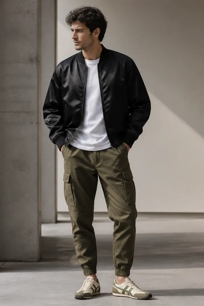 A man wearing a black satin bomber jacket, a white crew tee, olive cargo pants with a tapered ankle, and Mexico 66 sneakers with olive and cream tones. The jacket catches light and the shoe stripes are visible.
