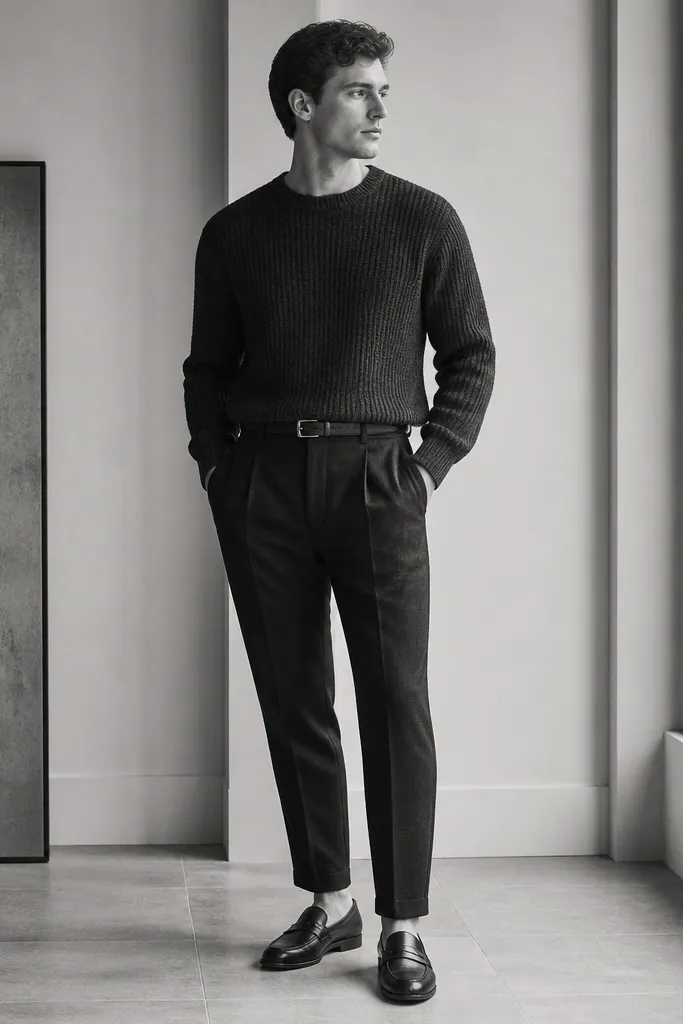 A full-body monochrome photo: charcoal crewneck knit sweater tucked into deep-washed black linen trousers that taper to a clean ankle break. The shoes are matte black leather loafers with a low profile, and there's a thin black belt. Soft daylight shows the linen texture and the knit's thicker ribbing.