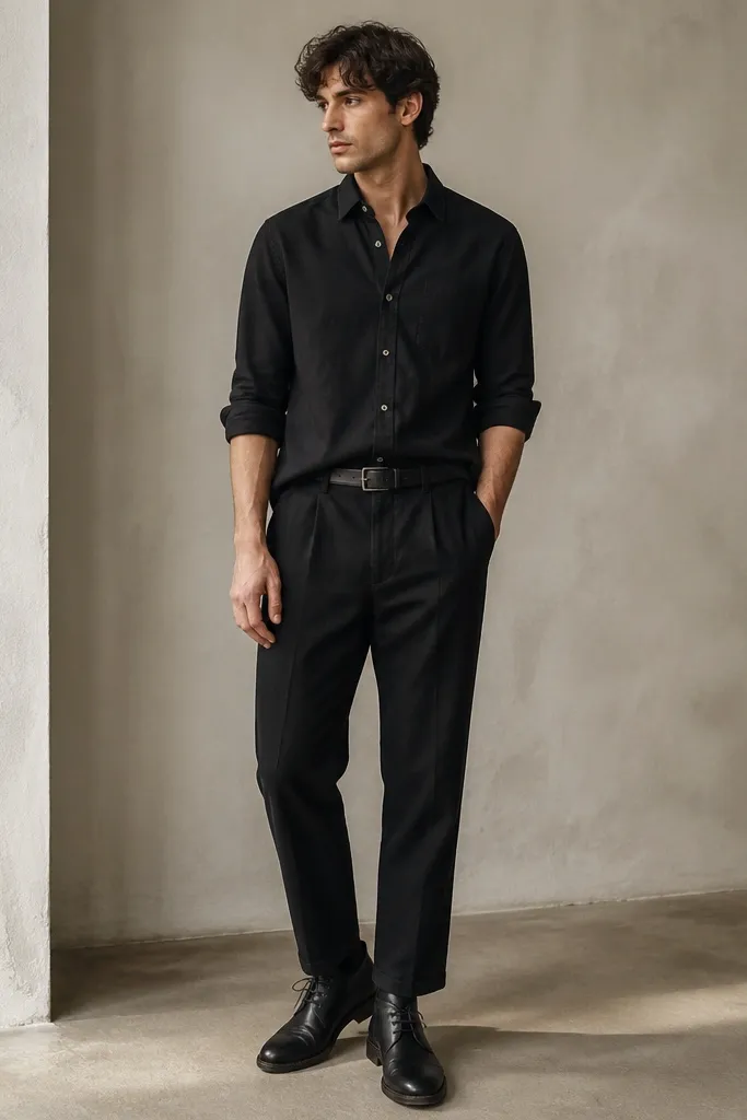 A monochrome outfit photo: black oxford button-down worn with sleeves rolled to mid-forearm (one roll). The shirt is partially tucked into black linen trousers. The shoes are black leather chukka boots with a matte finish, and there's a black leather belt. The fabric texture looks crisp, not shiny.