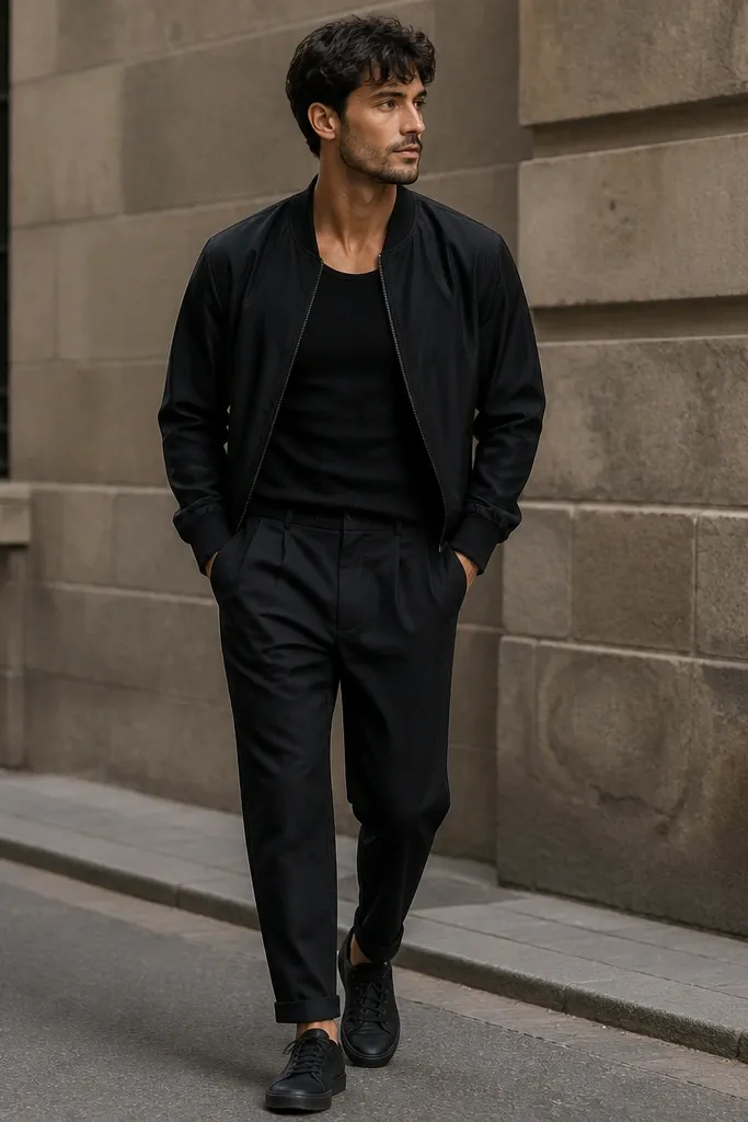A street-style photo: matte black bomber jacket worn over a black ribbed tank. The black linen pants are tapered and slightly cropped to show the top of black sneakers. The outfit stays entirely in black with subtle texture differences; the bomber has a zip and clean rib cuffs.