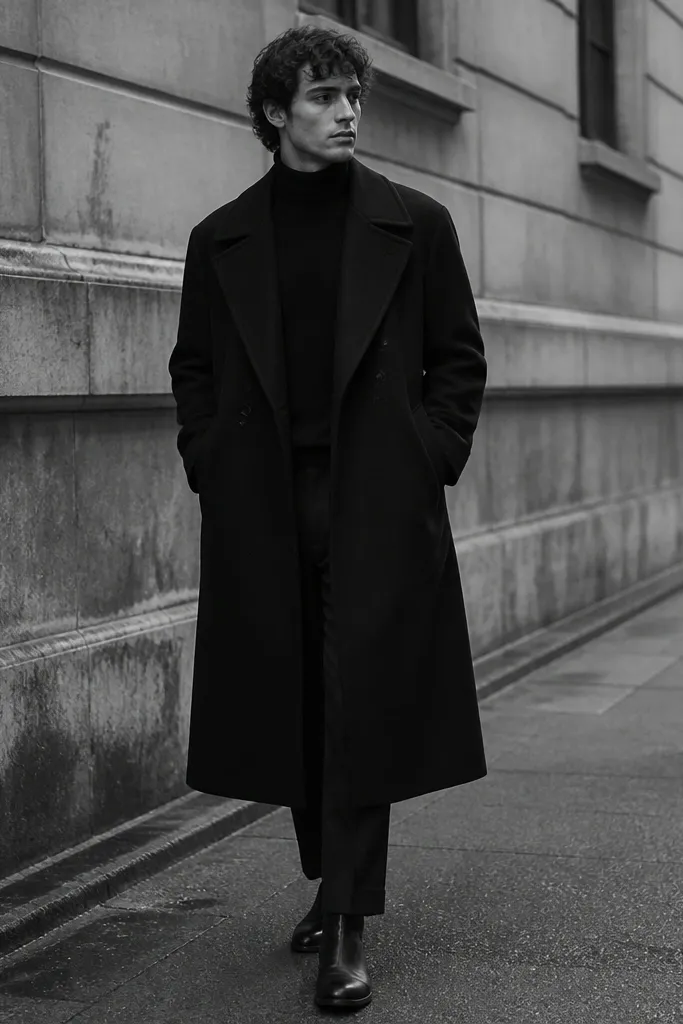 A monochrome street photo: black turtleneck knit sweater under a longline black overcoat that reaches mid-calf. Black linen trousers are visible at the hem with a clean break. Shoes are black leather boots, and the coat has a slightly wide lapel and matte fabric.