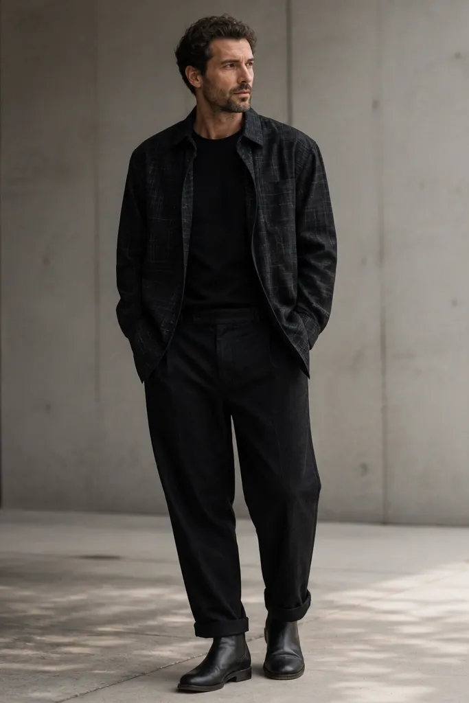 A close-to-mid shot: black flannel overshirt worn open over a black tee. The black linen pants have a subtle cuff/rolled hem showing the top of black leather sandals or boots (fall-appropriate boots). The overshirt has a matte plaid texture in dark tones.