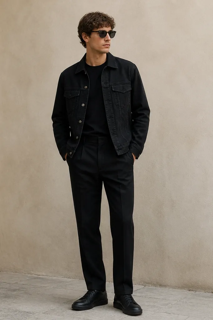 A casual monochrome outfit: black denim jacket worn over a black crew tee, paired with black linen trousers that have a crisp belt line. The shoes are matte black leather sneakers. The hem shows a slight break with the denim jacket hanging straight.