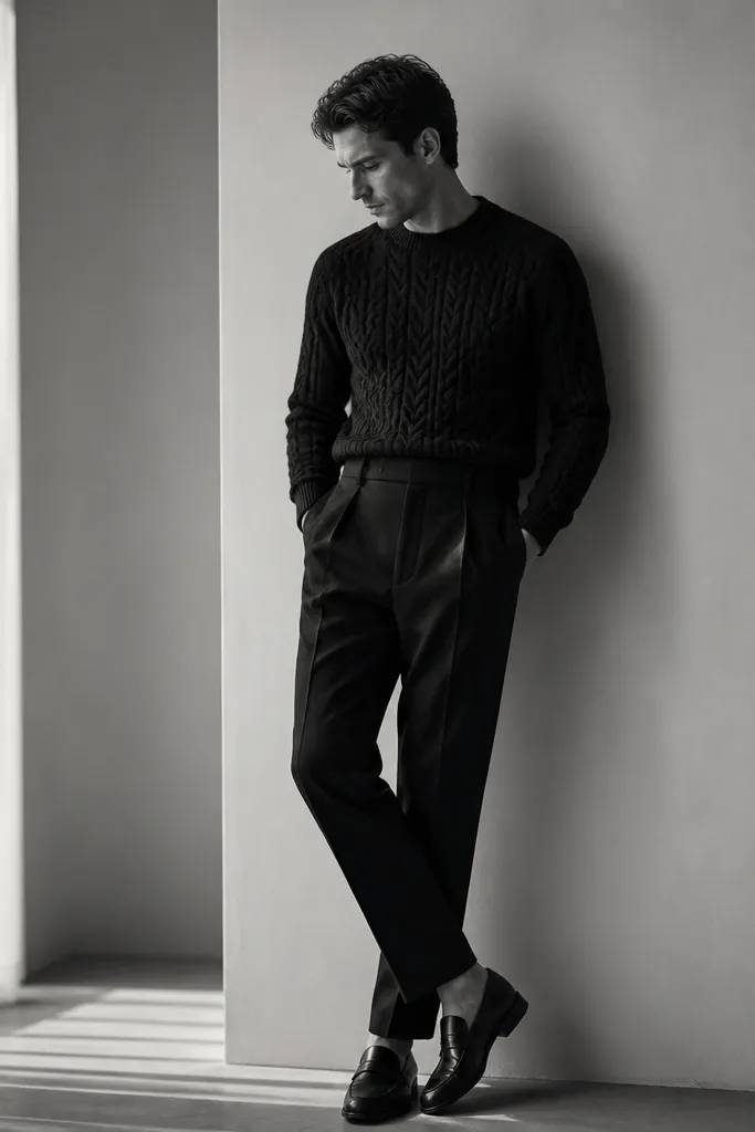 A monochrome sweater-and-trouser photo: black cable-knit sweater tucked into black linen pants with a pronounced taper. The sweater texture is raised cables, and the pants show a clean crease at the front. Shoes are black leather loafers with a slight heel.